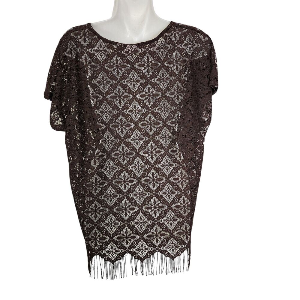 Chico's Womens Top Size 2 Large Brown Crochet Short Cap Sleeve Fringe Trim Sheer - Picture 2 of 11